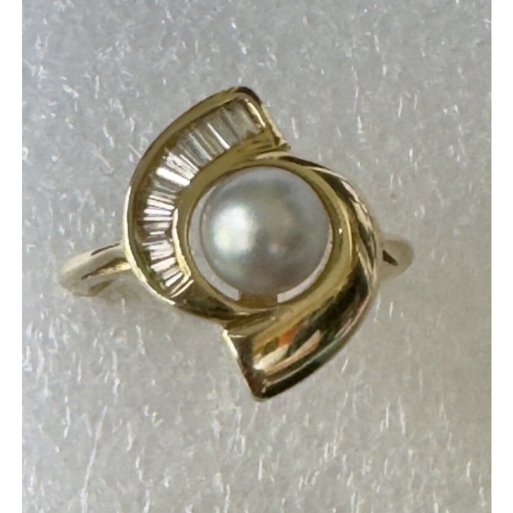Classic 14k Solid Yellow Gold Natural White Pearl and Diamond Ring Size 4.75 - Picture 5 of 10